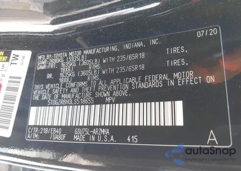 2020 Toyota Highlander Xle из США, поврежденный, VIN 5TDGZRBH0LS518655